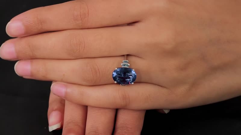 Color Change Fluorite (IR) and Blue Diamond Ring in Platinum Over Sterling Silver 6.75 ctw