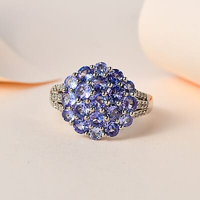 Tanzanite and White Zircon Floral Ring in Platinum Over Sterling Silver (Size 10.0) 2.10 ctw