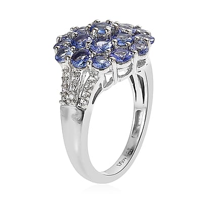 Tanzanite and White Zircon Floral Ring in Platinum Over Sterling Silver (Size 10.0) 2.10 ctw