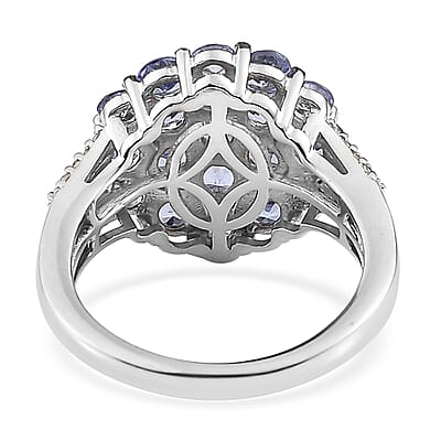 Tanzanite and White Zircon Floral Ring in Platinum Over Sterling Silver (Size 10.0) 2.10 ctw