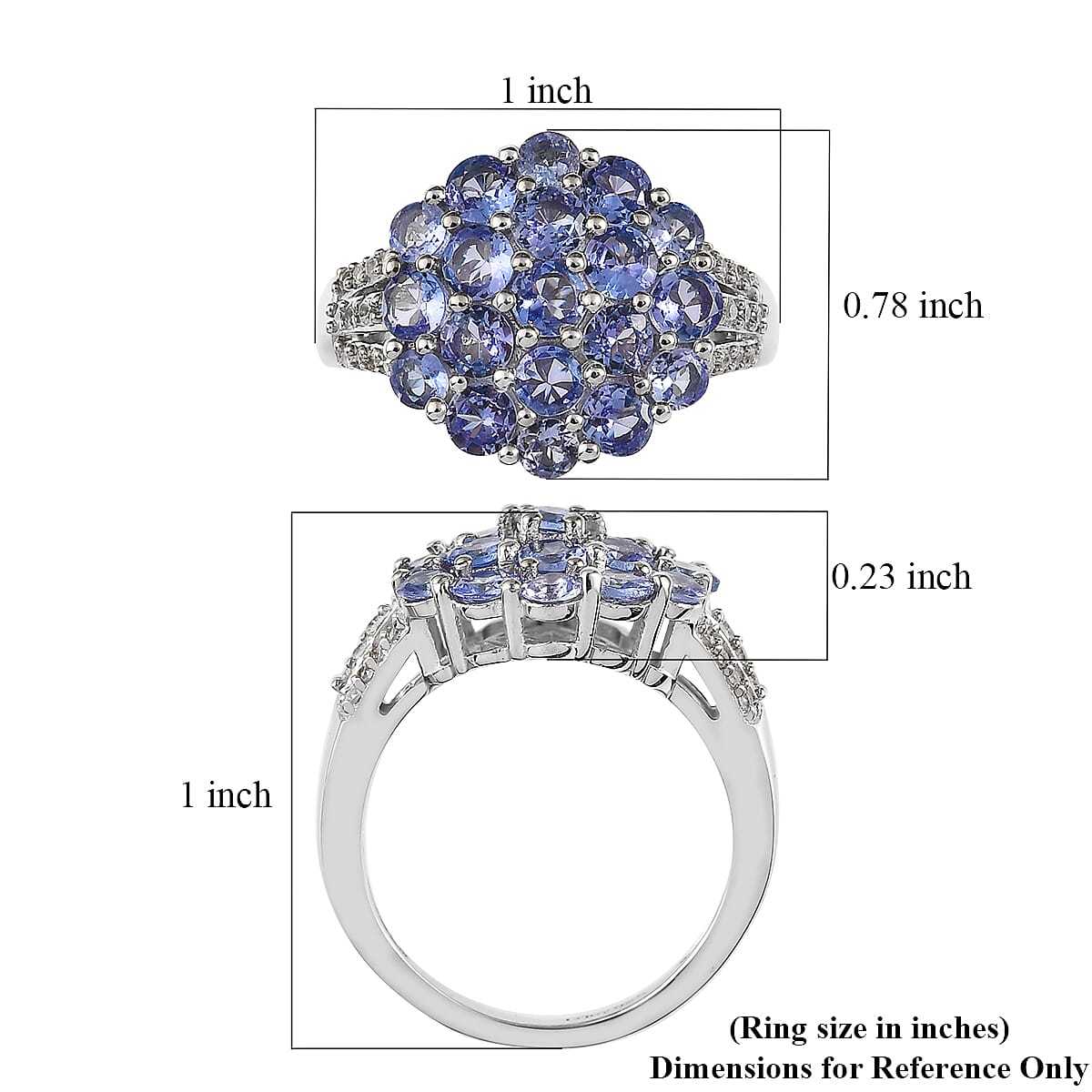 Tanzanite and White Zircon Cluster Ring in Platinum Over Sterling Silver (Size 10.0) 2.10 ctw image number 5