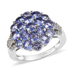 Tanzanite and White Zircon Cluster Ring in Platinum Over Sterling Silver (Size 10.0) 2.10 ctw