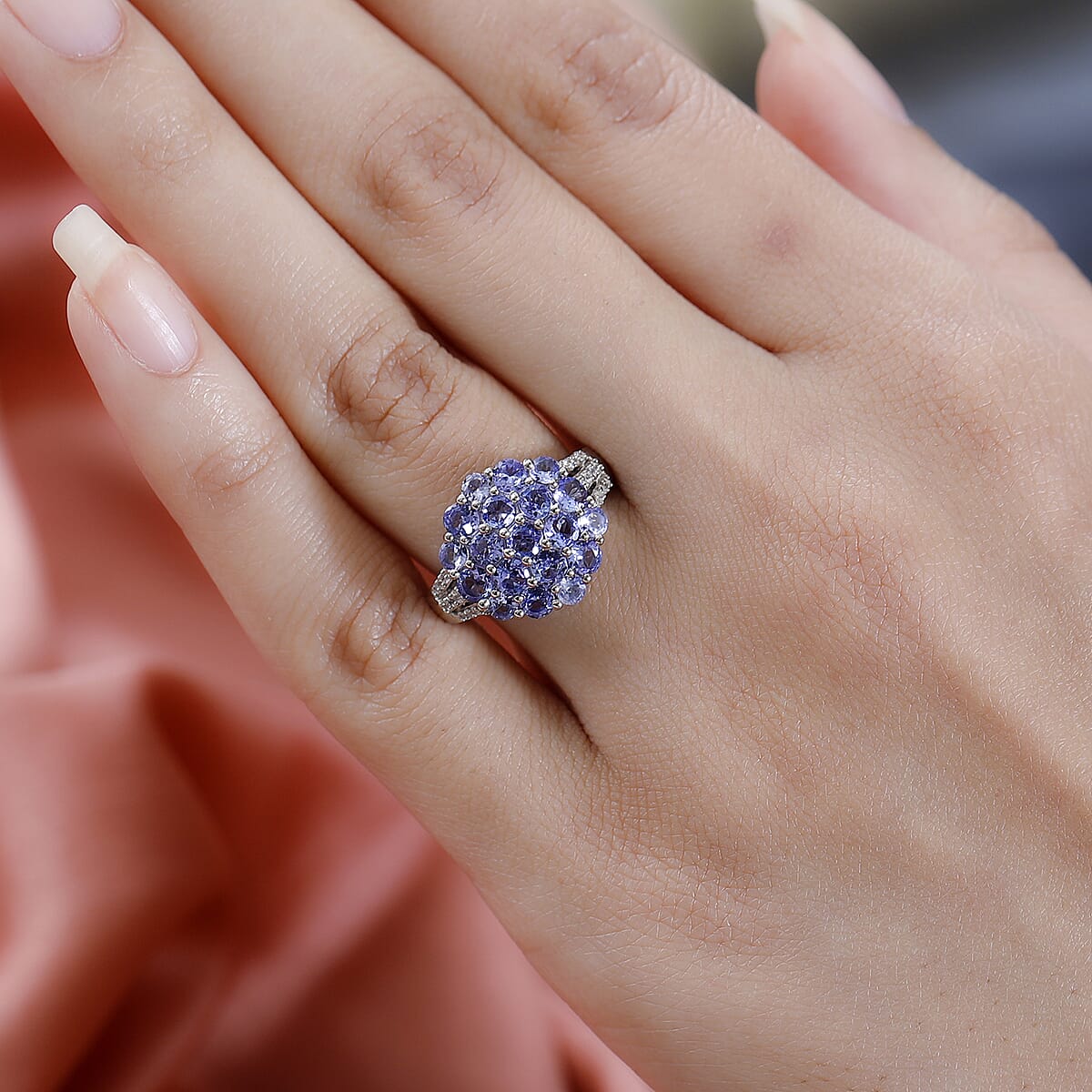 Tanzanite and White Zircon Floral Ring in Platinum Over Sterling Silver (Size 7.0) 2.10 ctw image number 2