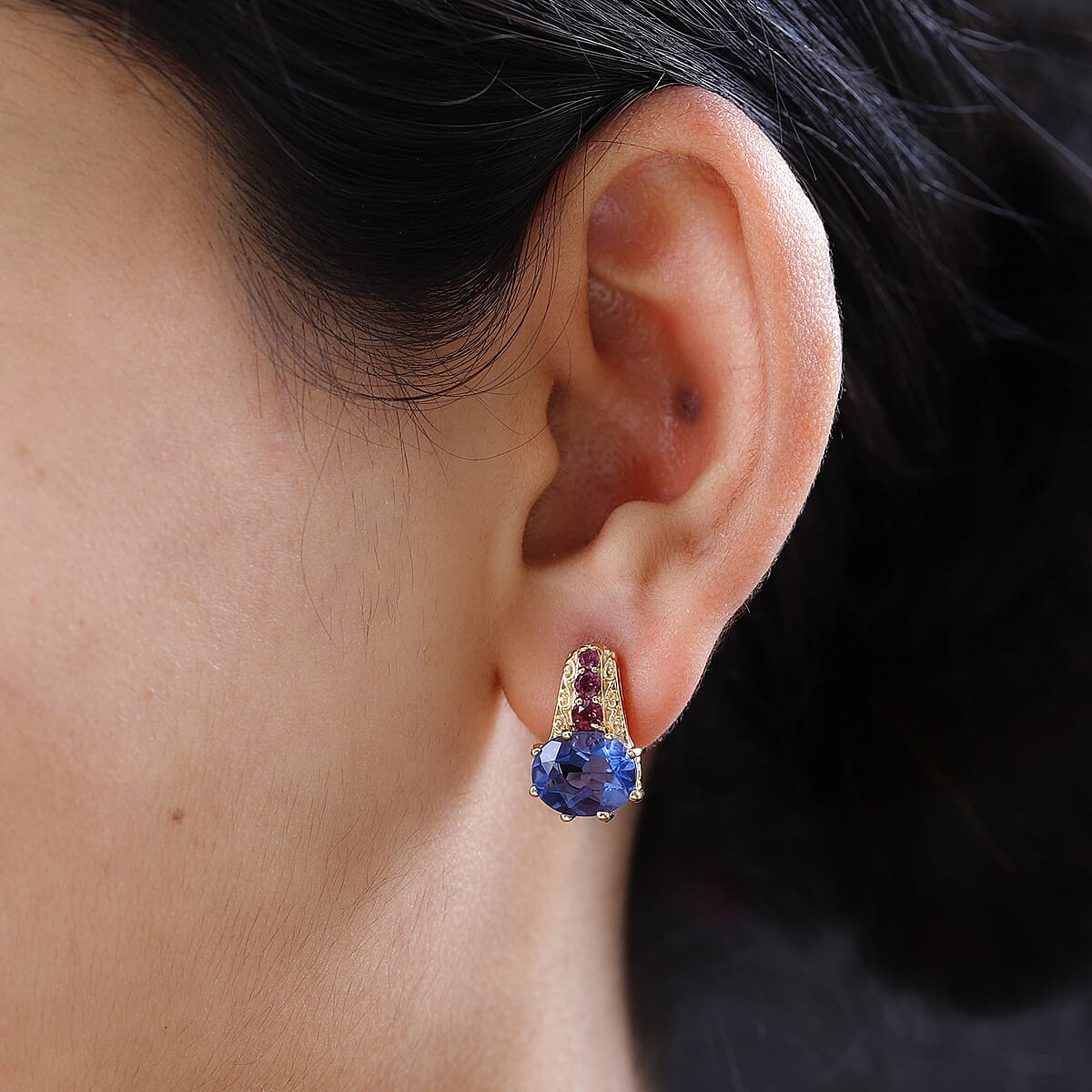 Color Change Fluorite and Orissa Rhodolite Garnet Earrings in Vermeil Yellow Gold Over Sterling Silver 8.40 ctw image number 2