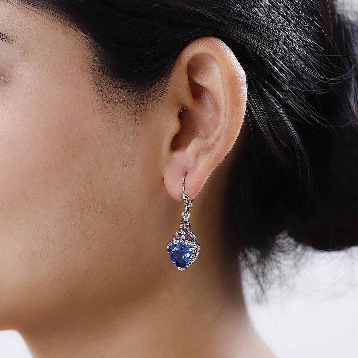 Color Change Fluorite (IR) and Orissa Rhodolite Garnet Lever Back Earrings in Platinum Over Sterling Silver 8.25 ctw image number 2