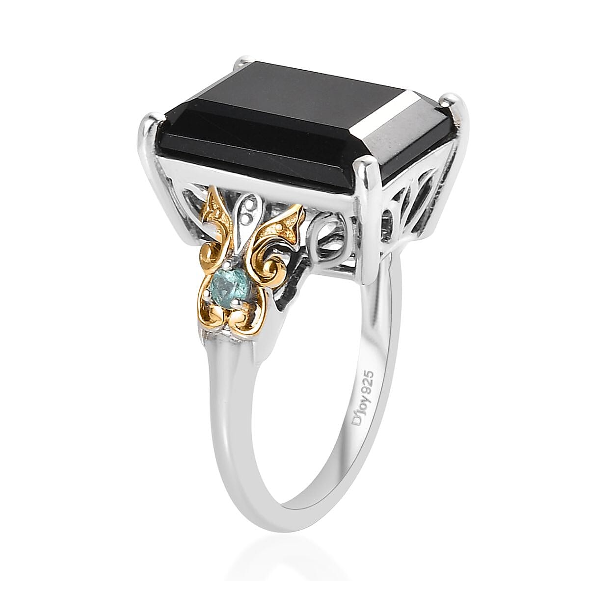 Australian Black Tourmaline and Madagascar Paraiba Apatite Ring in Vermeil YG and Platinum Over Sterling Silver 13.60 ctw image number 3