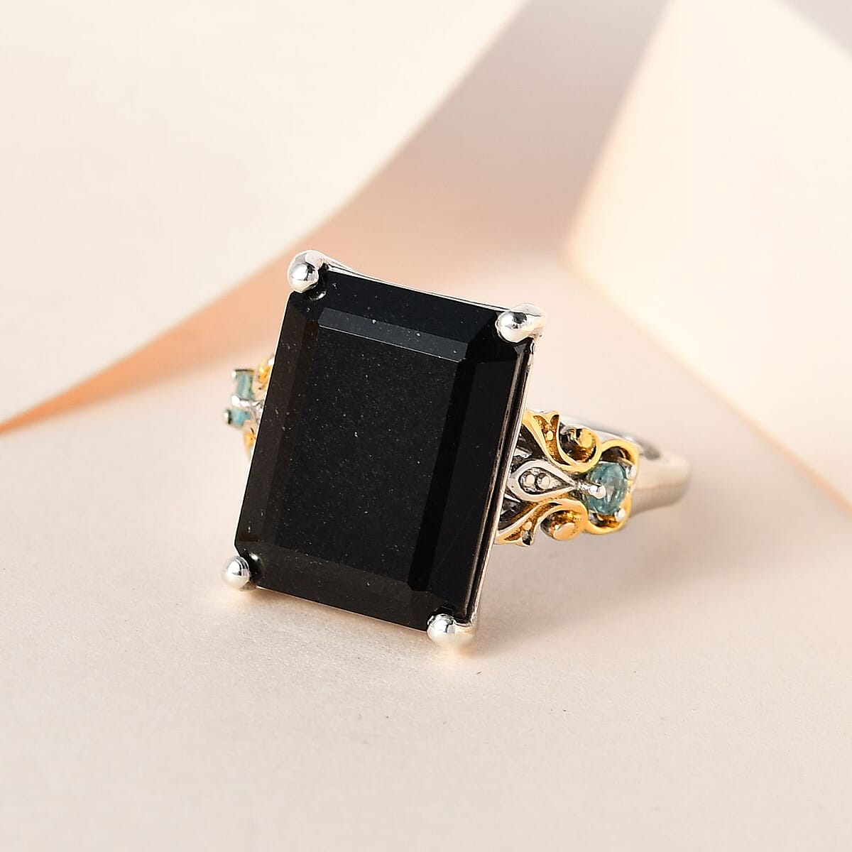 Australian Black Tourmaline and Madagascar Paraiba Apatite Ring in Vermeil YG and Platinum Over Sterling Silver (Size 9.0) 13.60 ctw image number 1