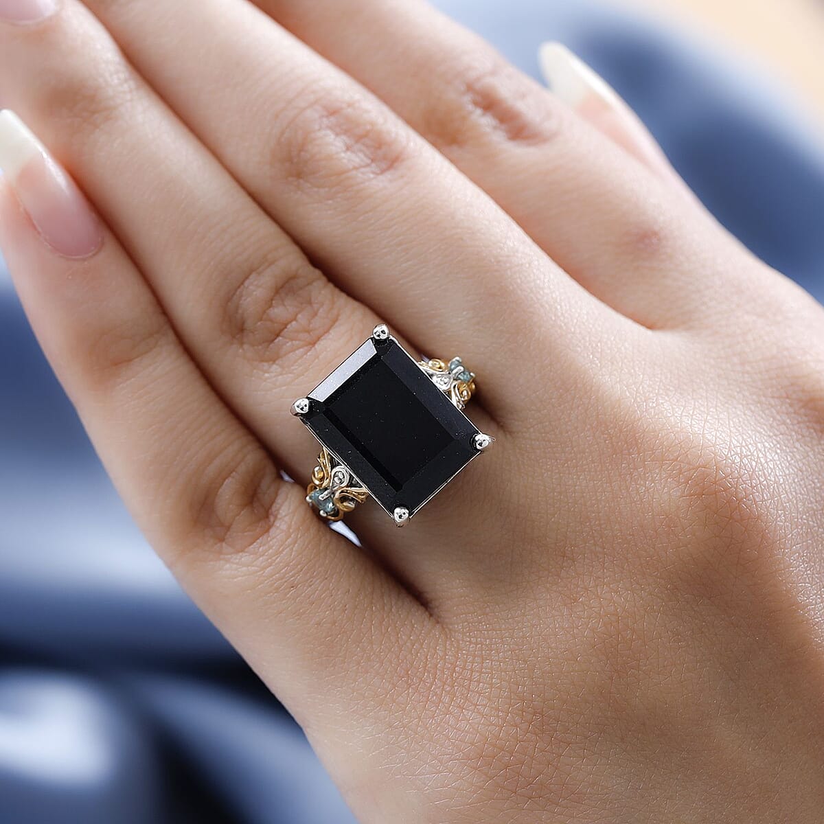 Australian Black Tourmaline and Madagascar Paraiba Apatite Ring in Vermeil YG and Platinum Over Sterling Silver (Size 9.0) 13.60 ctw image number 2