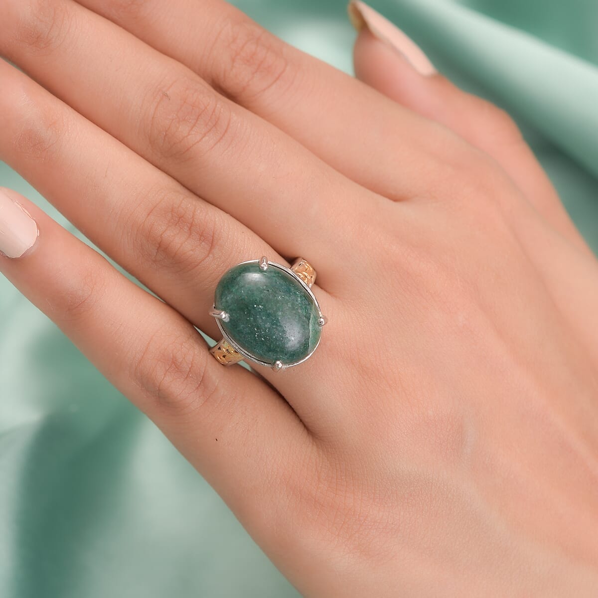 Karis Green Aventurine Solitaire Ring in 18K YG Plated and Platinum Bond (Size 10.0) 14.00 ctw image number 2