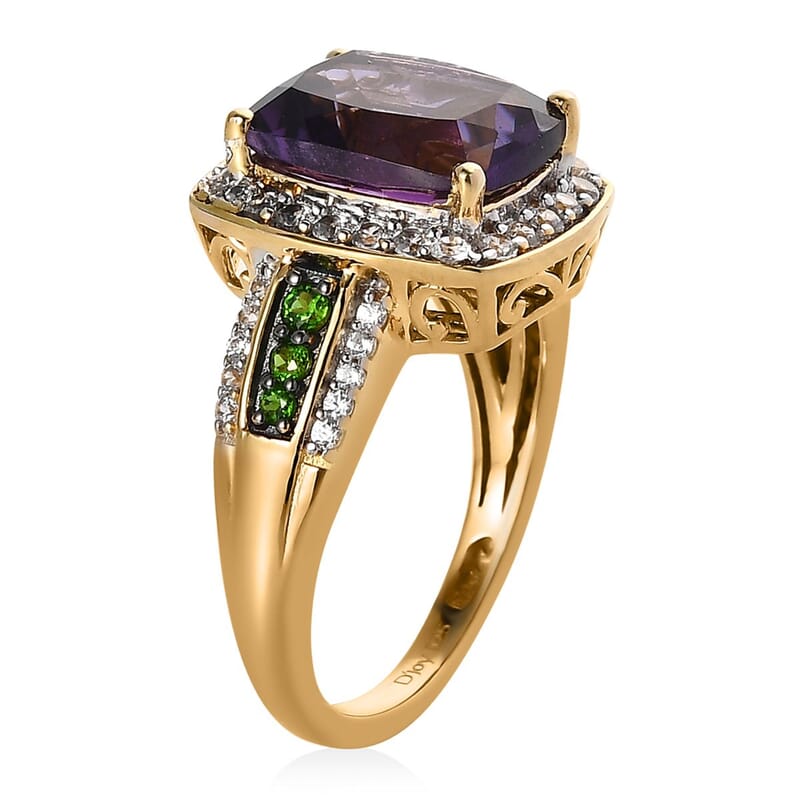 Premium Moroccan Amethyst and Multi Gemstone Halo Ring in Vermeil Yellow Gold Over Sterling Silver (Size 10.0) 5.00 ctw