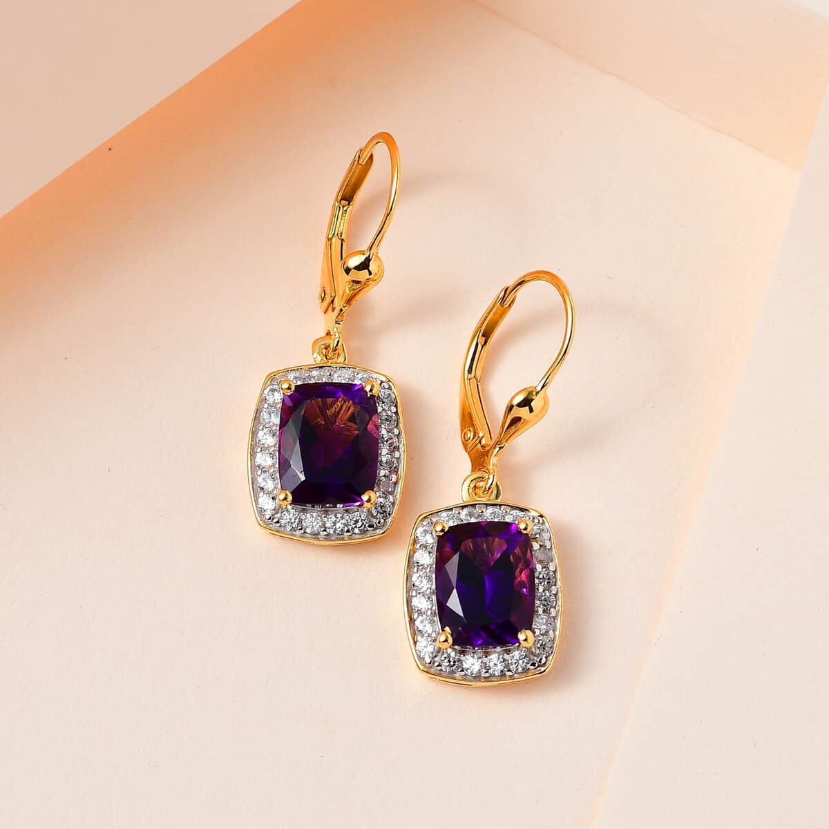 TLV Premium Moroccan Amethyst, White Zircon Lever Back Earrings in Vermeil YG Over Sterling Silver 5.10 ctw image number 1