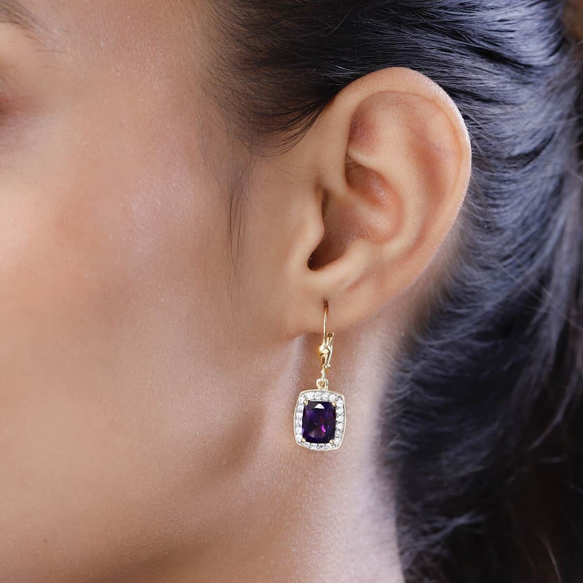 TLV Premium Moroccan Amethyst, White Zircon Lever Back Earrings in Vermeil YG Over Sterling Silver 5.10 ctw image number 2