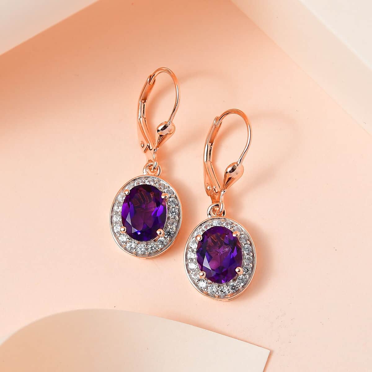 Premium Moroccan Amethyst and White Zircon Lever Back Earrings in Vermeil Rose Gold Over Sterling Silver 4.30 ctw image number 1