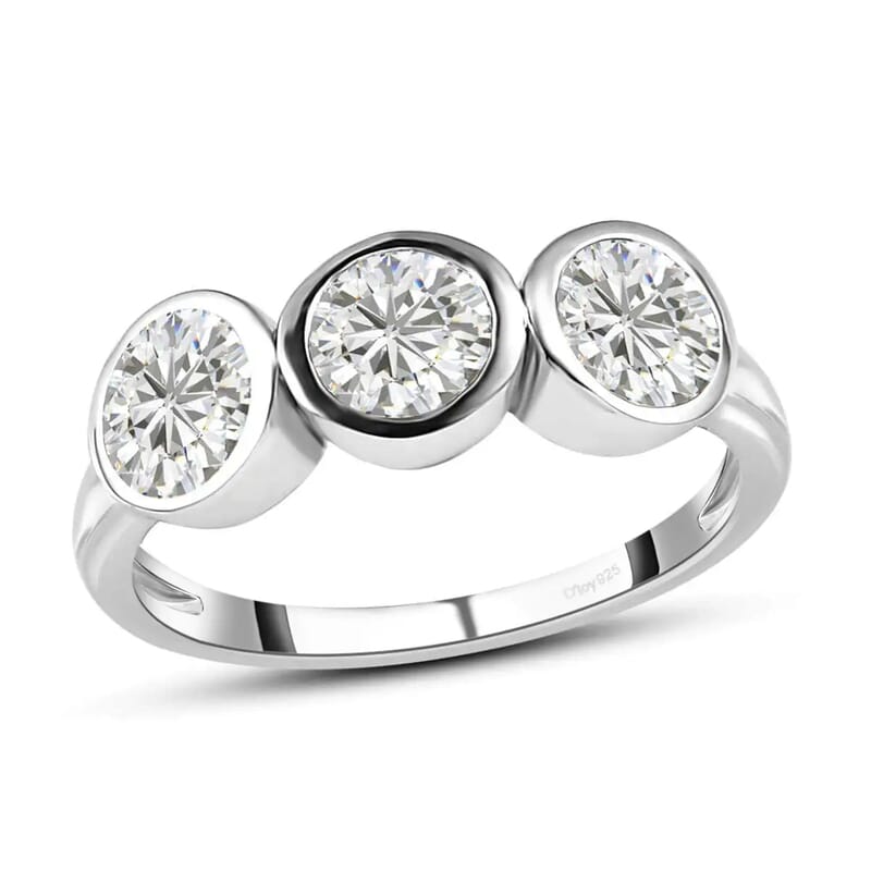 Moissanite 3 Stone Ring, Moissanite Ring, Trilogy Ring, Platinum Over Sterling Silver Ring 1.35 ctw
