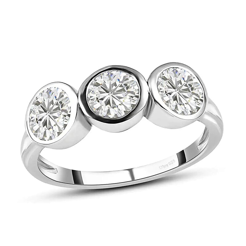 Moissanite 3 Stone Ring, Moissanite Ring, Trilogy Ring, Platinum Over Sterling Silver Ring 1.35 ctw