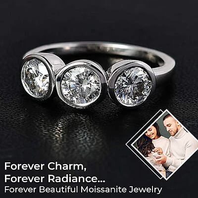 Moissanite 3 Stone Ring, Moissanite Ring, Trilogy Ring, Platinum Over Sterling Silver Ring 1.35 ctw