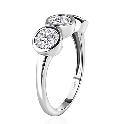 Moissanite 3 Stone Ring, Moissanite Ring, Trilogy Ring, Platinum Over Sterling Silver Ring 1.35 ctw