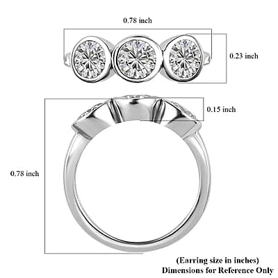 Moissanite 3 Stone Ring, Moissanite Ring, Trilogy Ring, Platinum Over Sterling Silver Ring 1.35 ctw