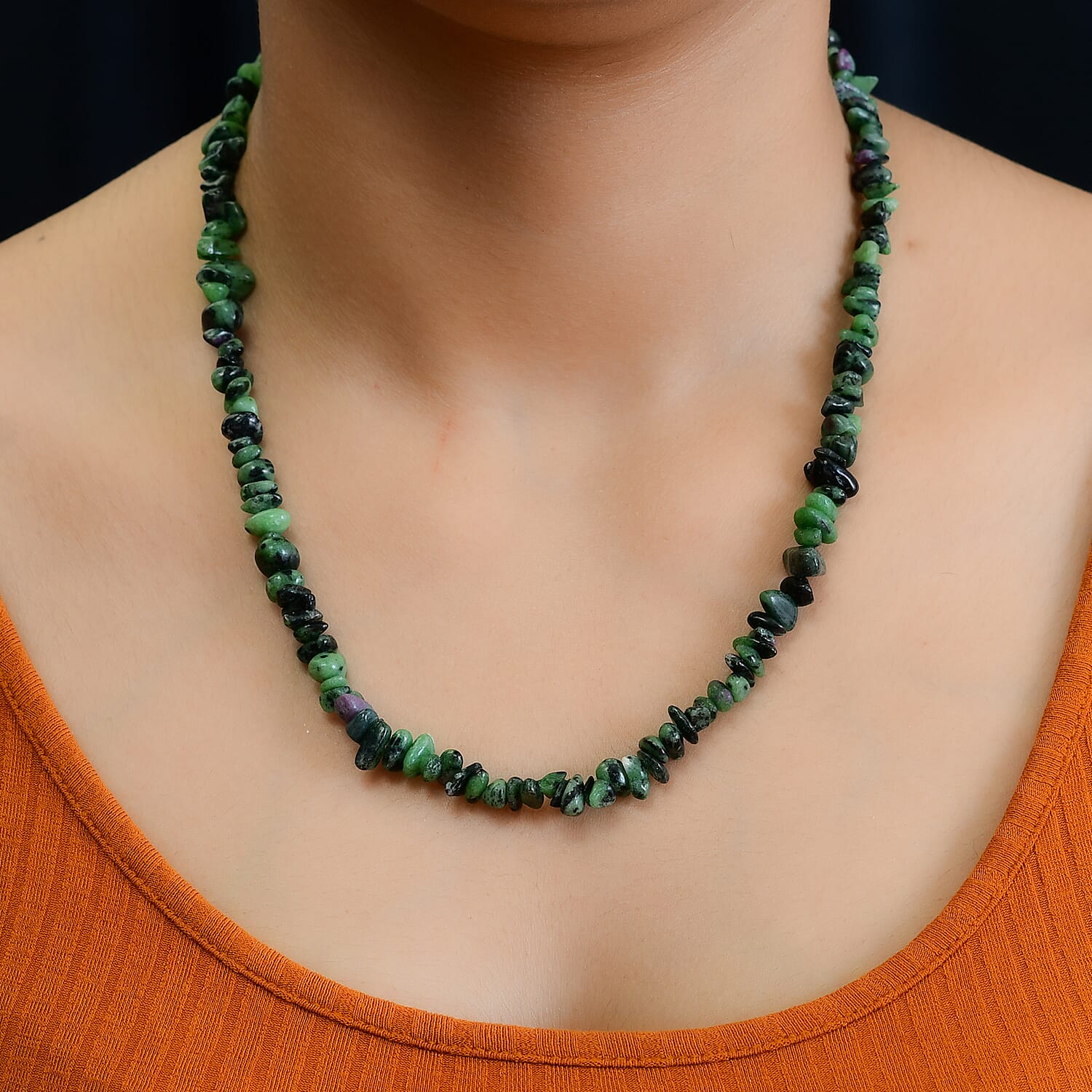 Ruby Zoisite Chips Necklace 20 Inches in Sterling Silver 217.75 ctw