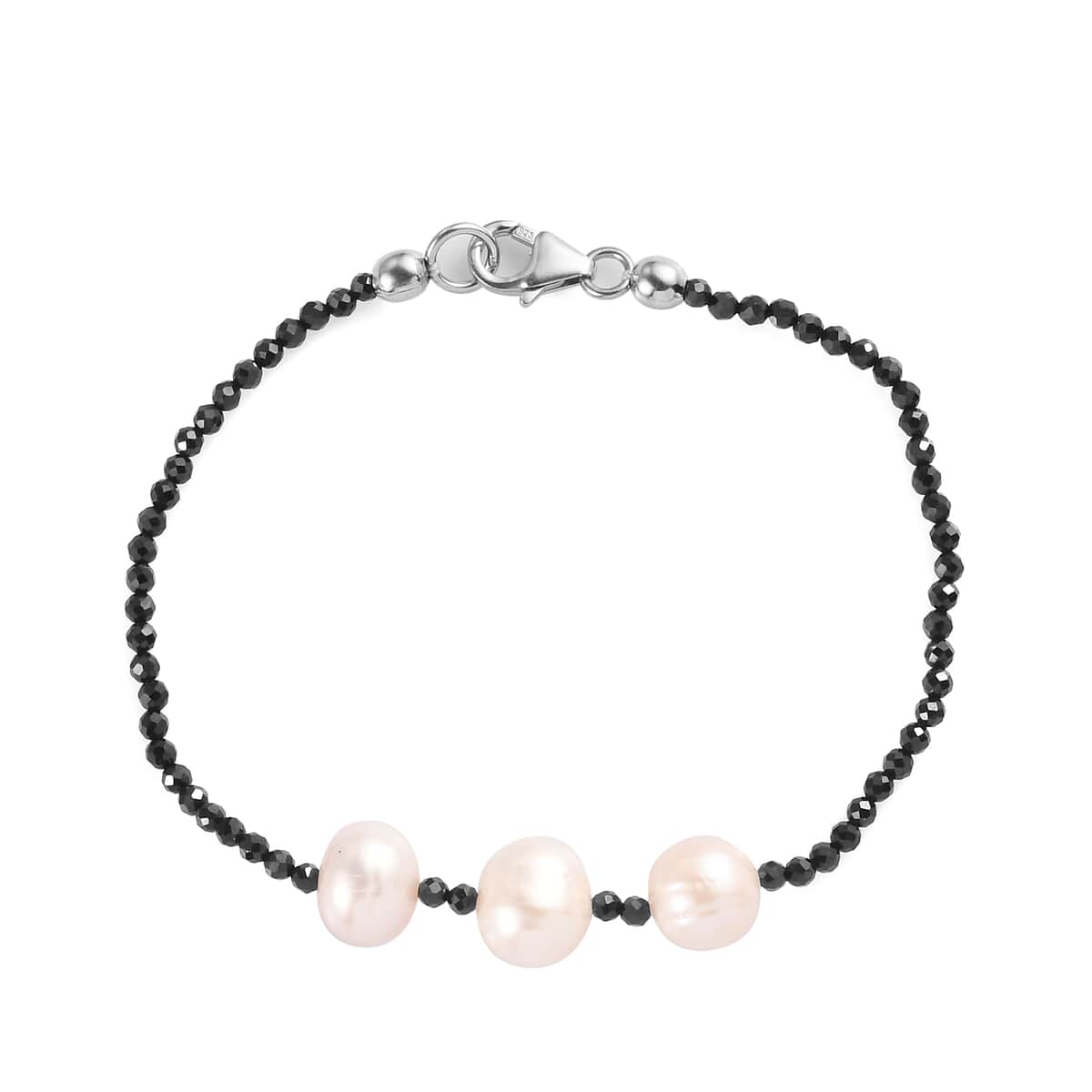 White Freshwater Pearl and Thai Black Spinel Bracelet in Sterling Silver (7.25 In) 7.50 ctw image number 3