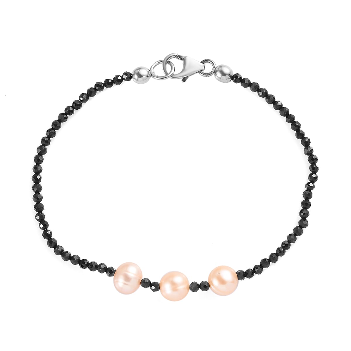 Peach Freshwater Pearl and Thai Black Spinel Bracelet in Sterling Silver (7.25 In) 7.50 ctw image number 3
