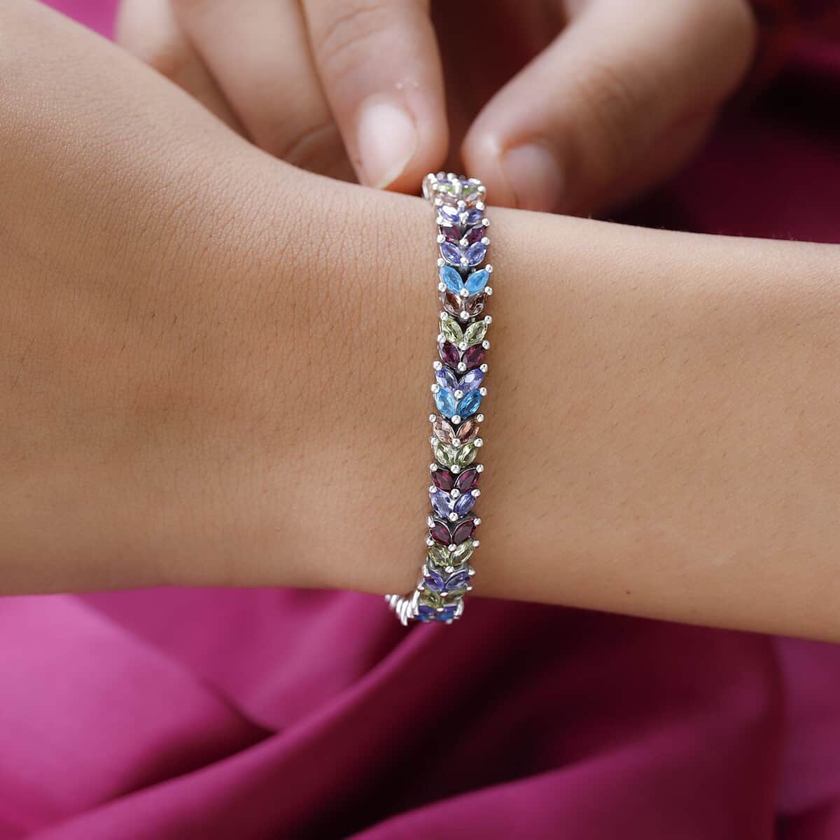 Multi Gemstone 2 Row Bracelet in Platinum Over Sterling Silver (6.50 In) 10.35 ctw image number 2