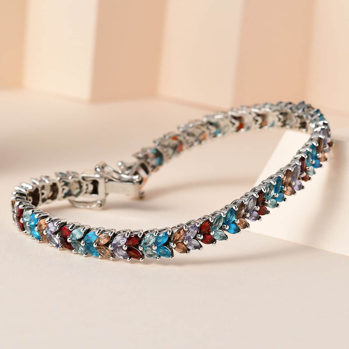 Multi Gemstone 2 Row Bracelet in Platinum Over Sterling Silver (7.25 In) 11.60 ctw image number 1