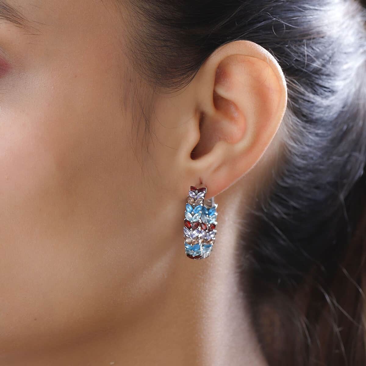 Multi Gemstone Inside Out Hoop Earrings in Platinum Over Sterling Silver 6.25 ctw image number 2