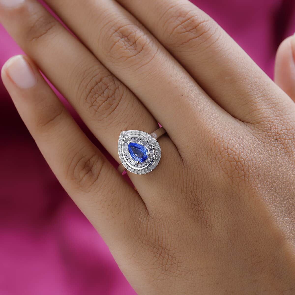 Premium Ceylon Blue Sapphire and Diamond Double Halo Ring in Platinum Over Sterling Silver (Size 10.0) 1.25 ctw image number 2