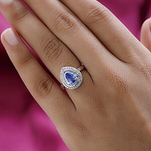 D'Joy Premium Ceylon Blue Sapphire and Diamond Double Halo Ring in Platinum Over Sterling Silver (Size 10.0) 1.25 ctw
