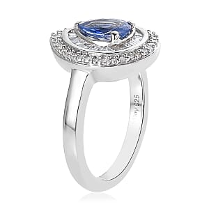 D'Joy Premium Ceylon Blue Sapphire and Diamond Double Halo Ring in Platinum Over Sterling Silver (Size 10.0) 1.25 ctw