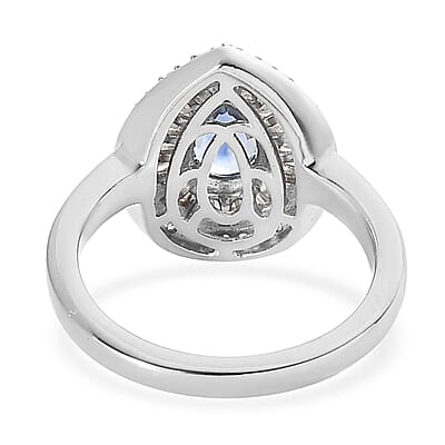 D'Joy Premium Ceylon Blue Sapphire and Diamond Double Halo Ring in Platinum Over Sterling Silver (Size 10.0) 1.25 ctw