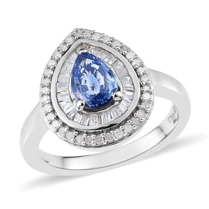 Premium Ceylon Blue Sapphire and Diamond 1.25 ctw Double Halo Ring in Platinum Over Sterling Silver (Size 6.0)