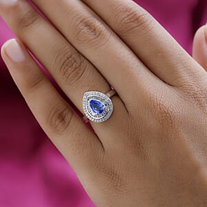 D'Joy Premium Ceylon Blue Sapphire and Diamond 1.25 ctw Double Halo Ring in Platinum Over Sterling Silver (Size 7.0)