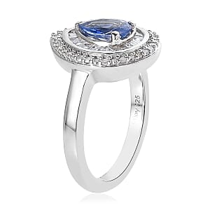 D'Joy Premium Ceylon Blue Sapphire and Diamond 1.25 ctw Double Halo Ring in Platinum Over Sterling Silver (Size 7.0)