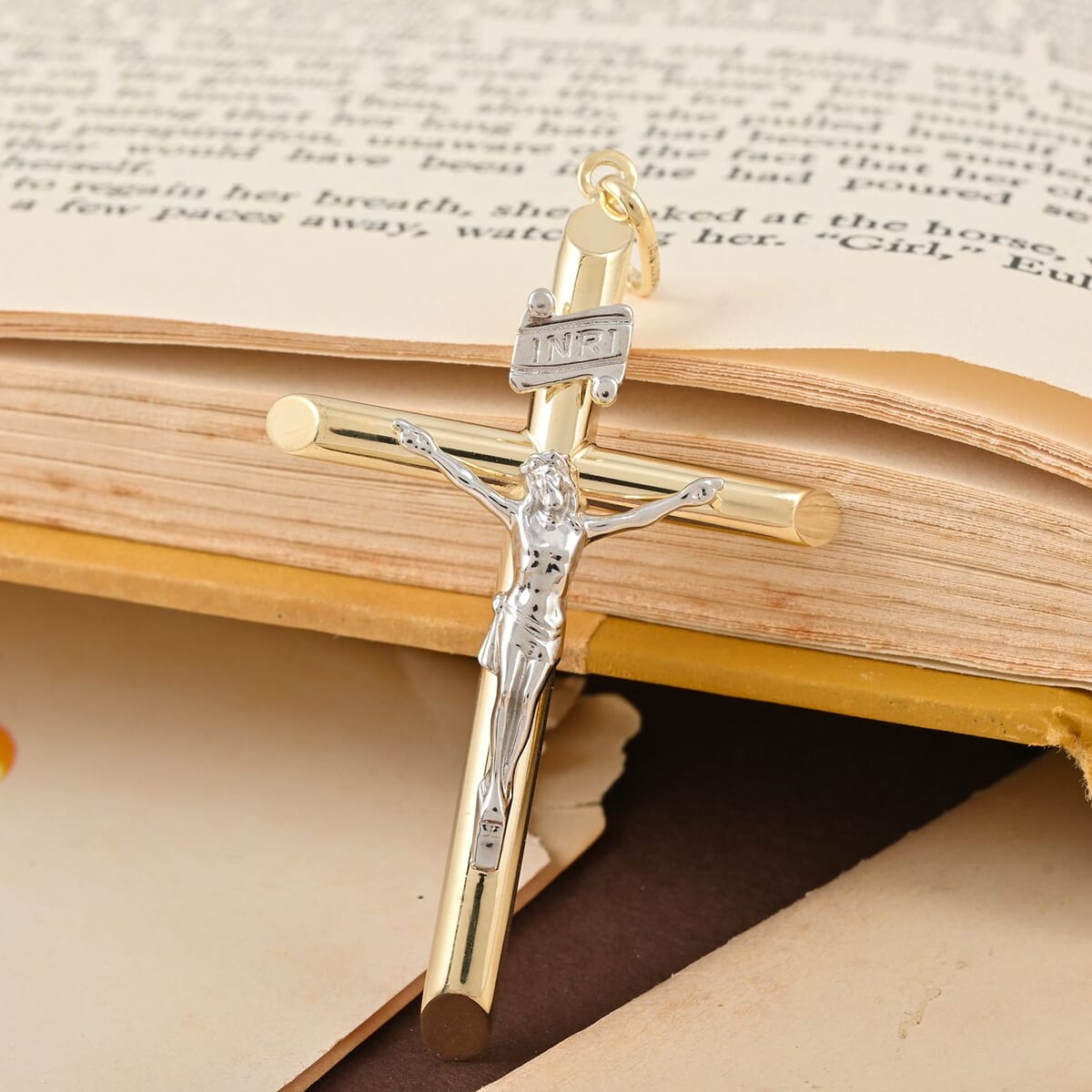 50mm Crucifix Tube Pendant without Chain in 14K Yellow and White Gold 3.75 Grams image number 1