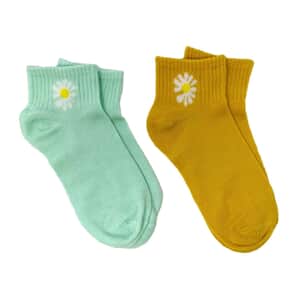Set of 2 Boat Cut Ankle Socks with Daisy Accent - Turquoise and Fall Rust