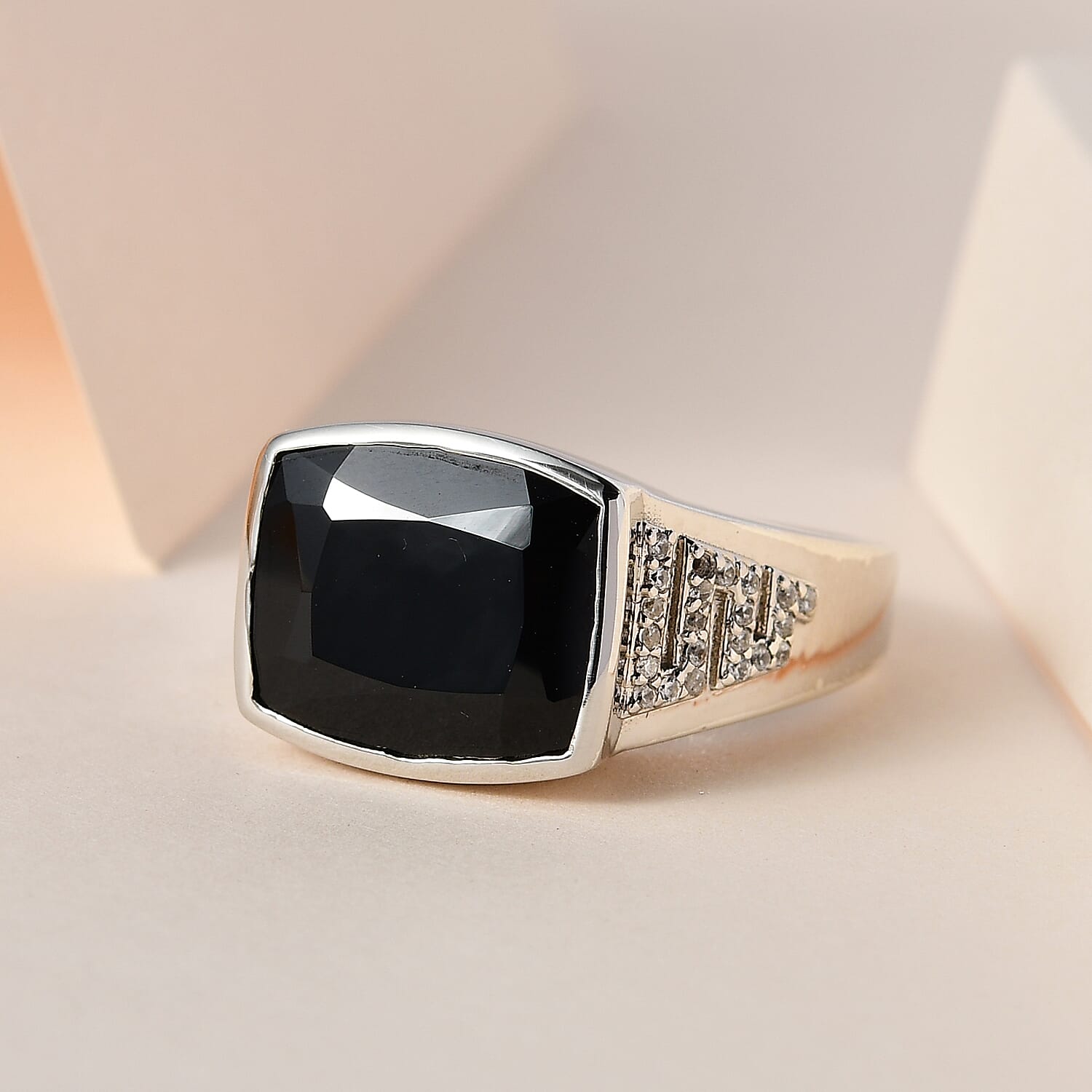 Thai Black Spinel and White Zircon Men's Ring in Platinum Over Sterling Silver (Size 10.0) 11.10 ctw