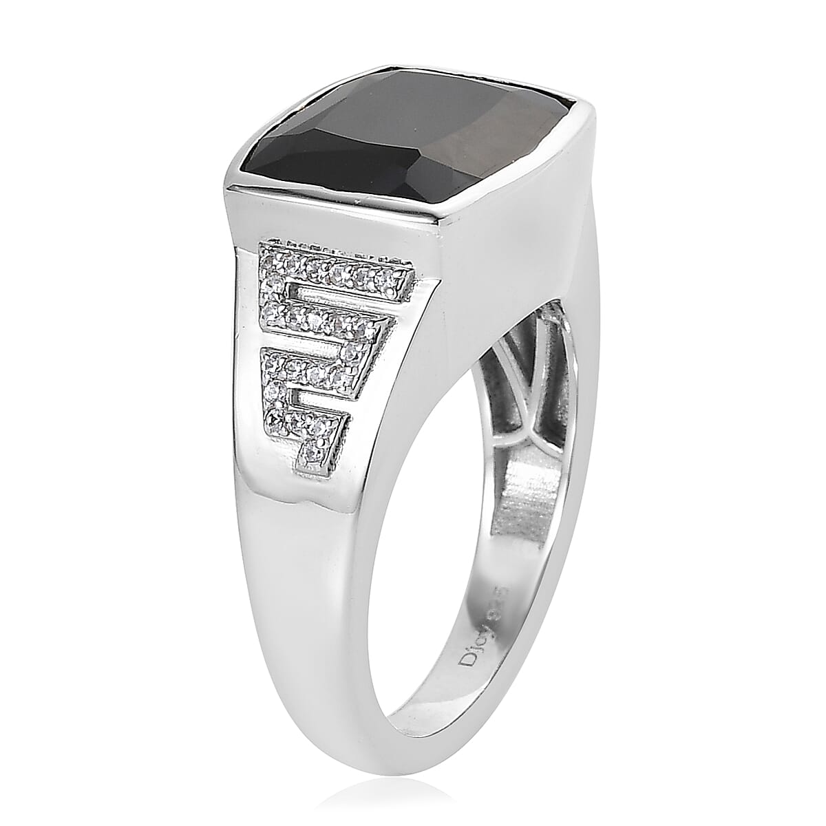 Thai Black Spinel and White Zircon Men's Ring in Platinum Over Sterling Silver (Size 10.0) 11.10 ctw