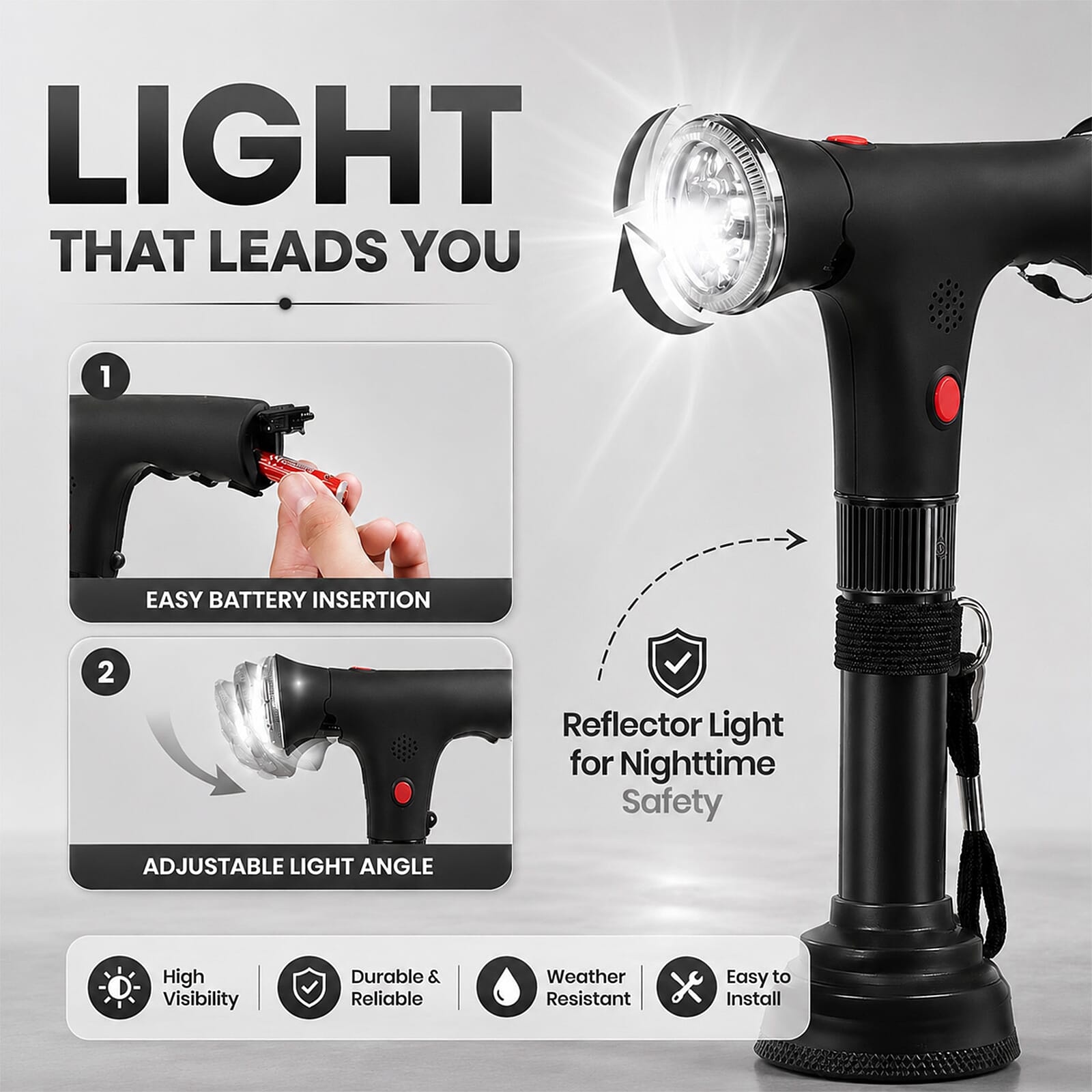 Livmore Black 2 Handles Foldable Smart Easy Up Cane with LED Light
