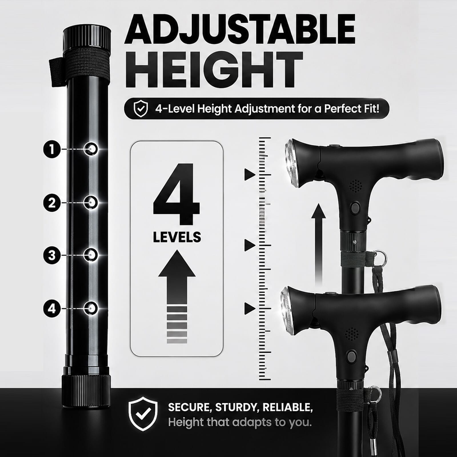 Livmore Black 2 Handles Foldable Smart Easy Up Cane with LED Light