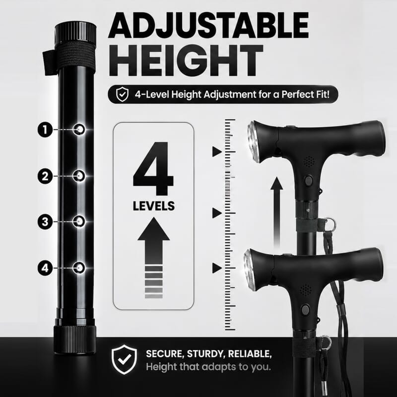 Livmore Black 2 Handles Foldable Smart Easy Up Cane with LED Light
