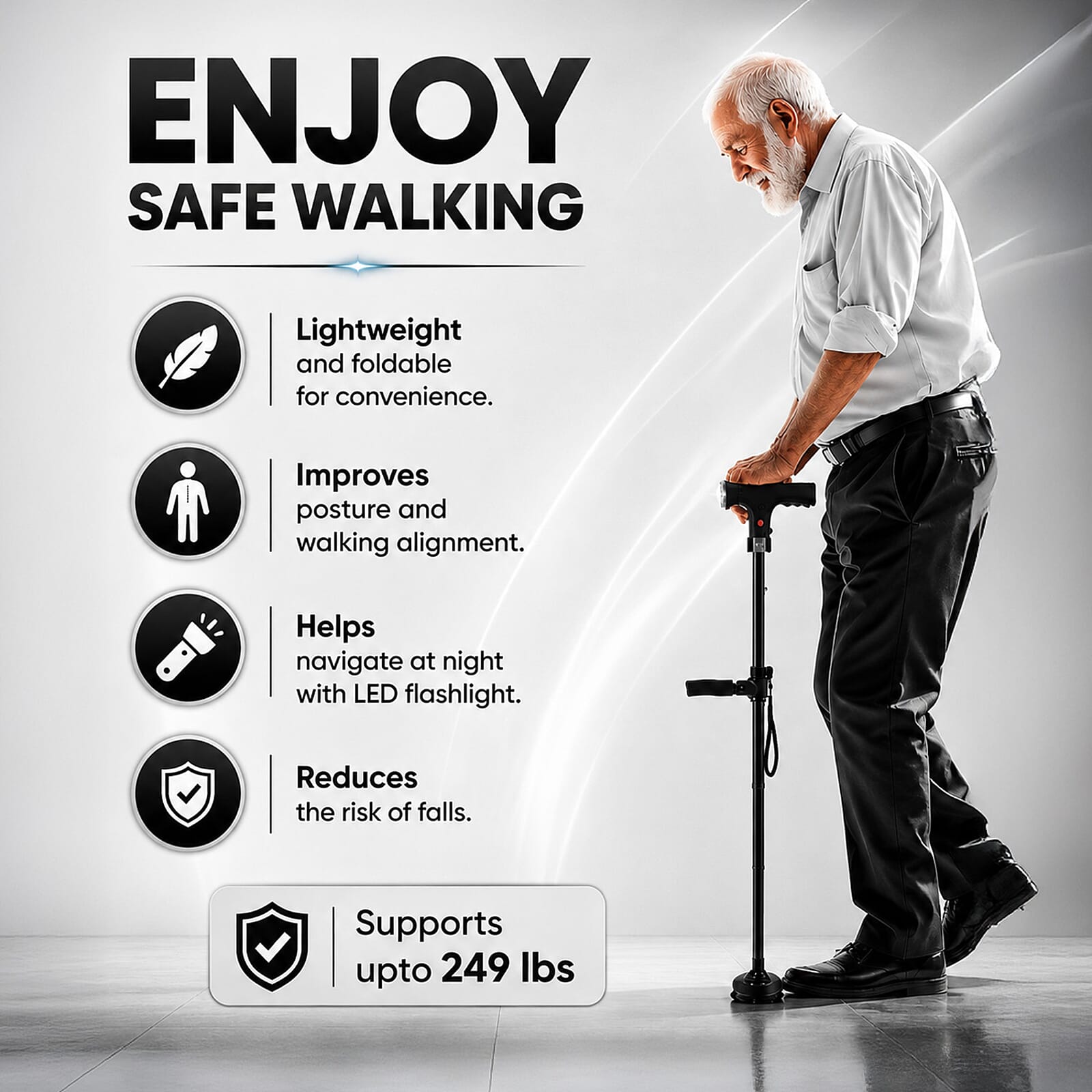 Livmore Black 2 Handles Foldable Smart Easy Up Cane with LED Light