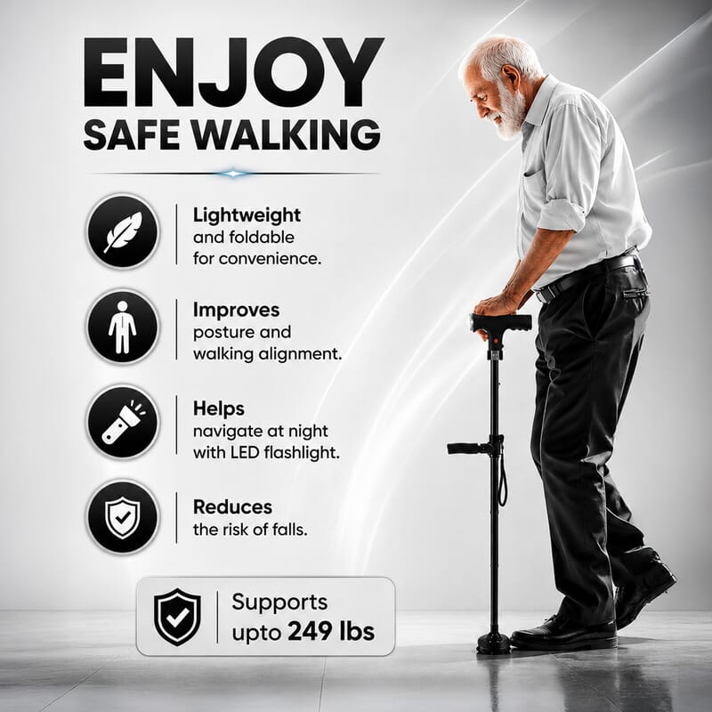 Livmore Black 2 Handles Foldable Smart Easy Up Cane with LED Light