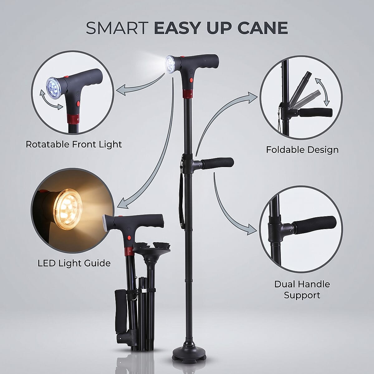 Soulsmart Black 2 Handles Foldable Smart Easy Up Cane with LED Light (Del. in 10-12 Days) image number 8