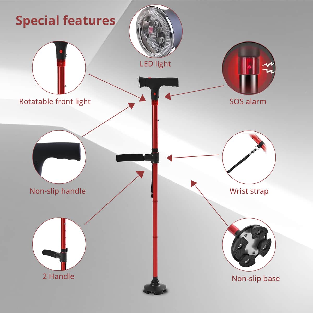 Red 2 Handles Foldable Smart Easy Up Cane with LED Light (2xAAA Batteries Not Included) image number 3