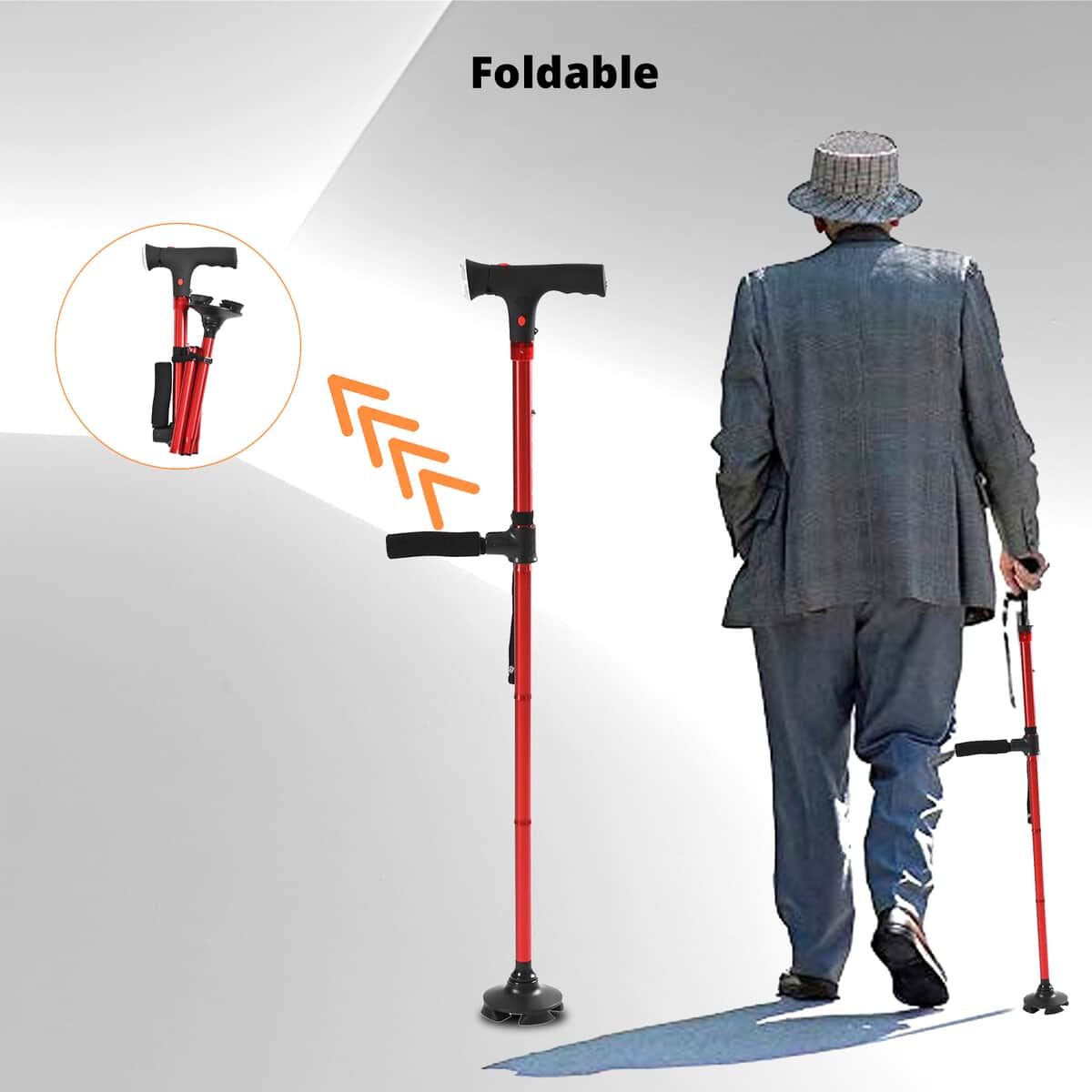 Red 2 Handles Foldable Smart Easy Up Cane with LED Light (2xAAA Batteries Not Included) image number 4