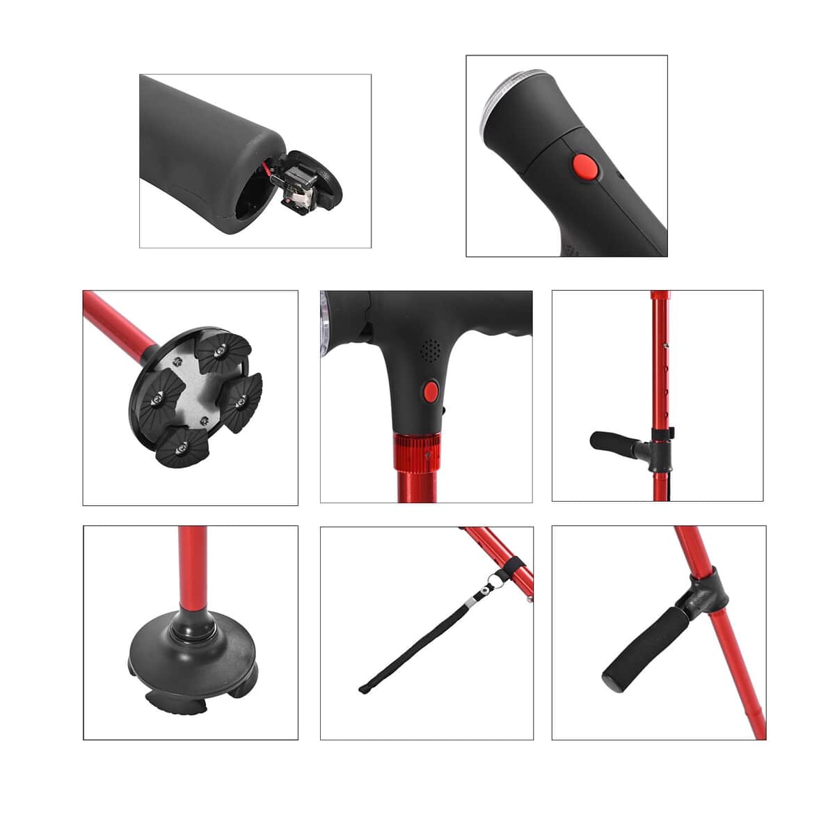 Red 2 Handles Foldable Smart Easy Up Cane with LED Light (2xAAA Batteries Not Included) image number 7