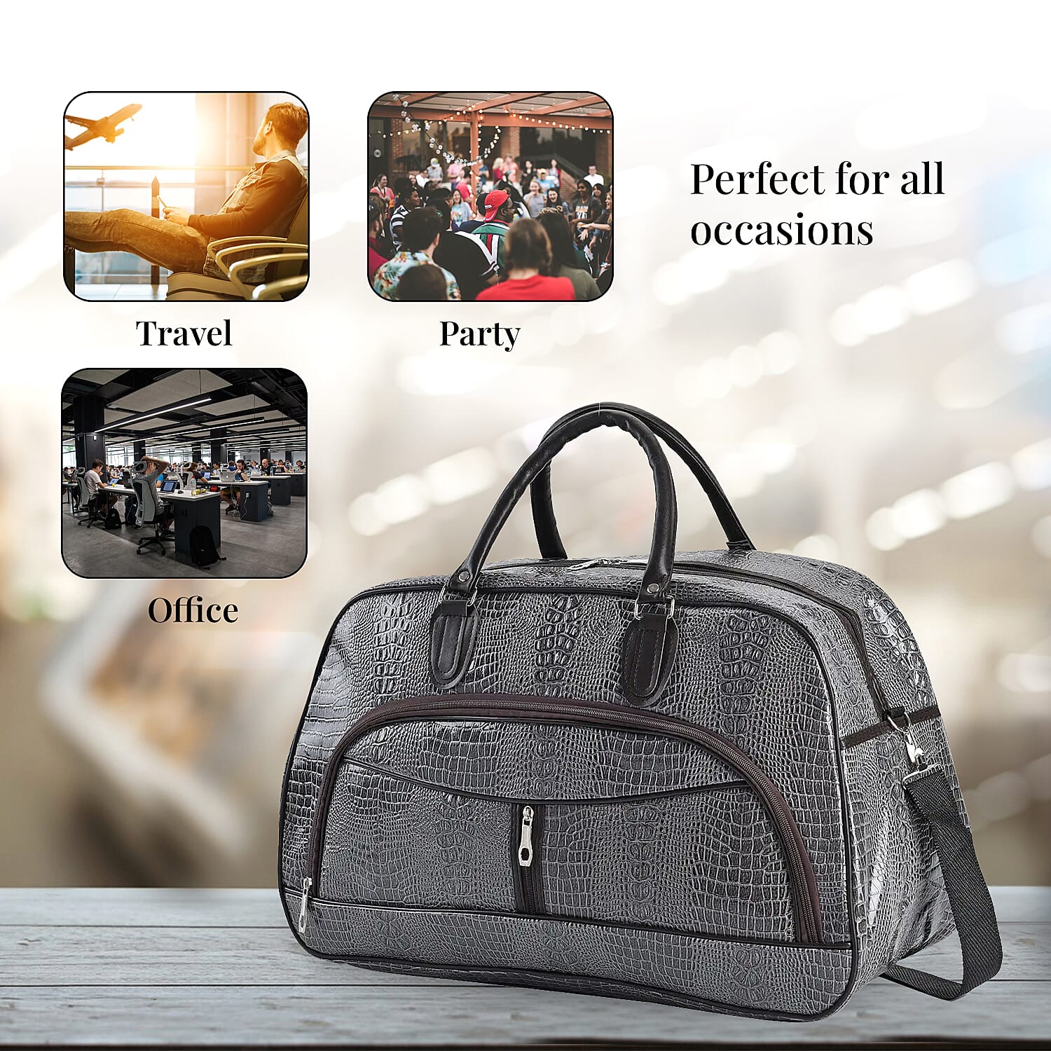Gray Crocodile Embossed Pattern Faux Leather Travel Bag with Handle Drop and Shoulder Strap