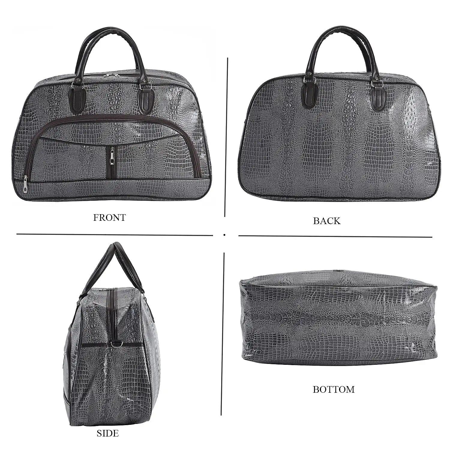 Gray Crocodile Embossed Pattern Faux Leather Travel Bag with Handle Drop and Shoulder Strap